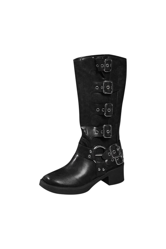 Black Ladies Knee High Boots With Belt Buckle Detail Round Square Toe Chunky Low Heel For Casual Winter Indoor Outdoor Daily Wear Size 43