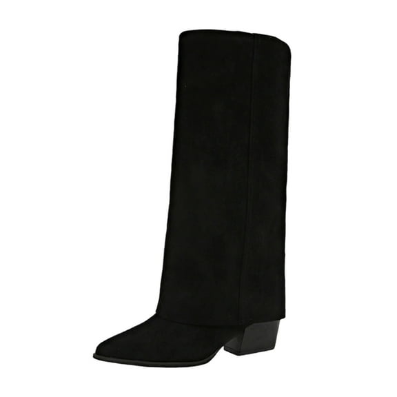 Black Ladies Knee High Boots With Pointed Toe And Chunky Heel Design For Fashionable Use