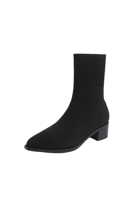 Black Ladies Knitted Winter Socks Ankle Boots Pointed Toe High Heel Stretch Casual Booties For Women