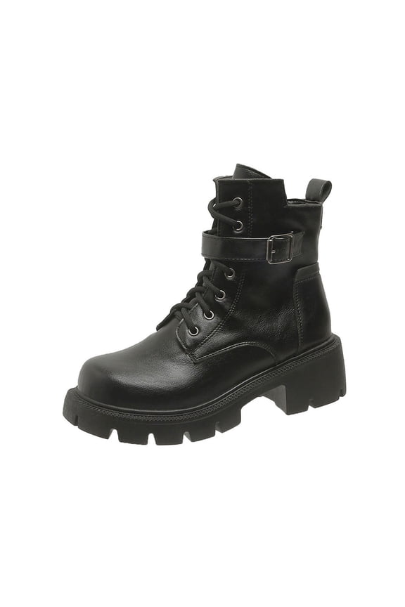 Black Ladies Lace Up Boots With Round Toe And Chunky Mid Heel For Everyday Comfort