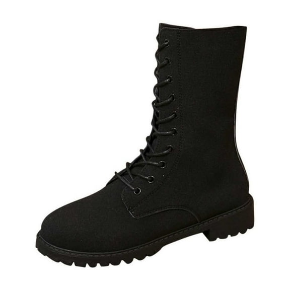Black Ladies Lace-Up Mid-Calf Boots With Mid Heel And Round Toe For A Comfortable And Stylish Casual Shoe