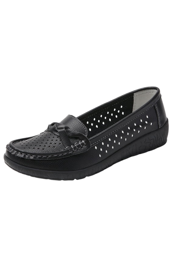 Black Ladies Leather Loafers Cowhide Sole Mom Shoes Casual Summer Indoor Outdoor Round Toe Slip-On Comfort