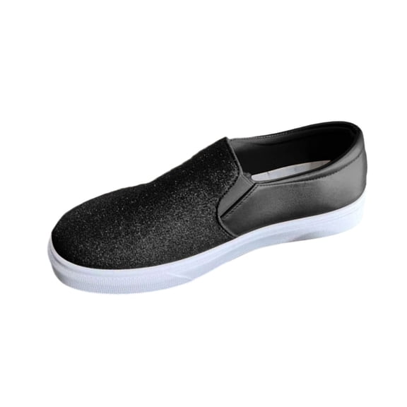 Black Ladies Lightweight Slip On Loafers Glitter Round Toe Solid Color Casual Four Season Shallow Mouth Footwear