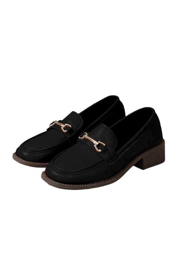 Black Ladies Loafers Chunky Heel Thick Sole Chain Detail British Style Slip On Casual Comfortable Plus Size Shoes