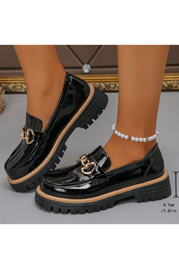 Black Ladies Loafers Metal Chain Detail Solid Color Glossy Leather Round Toe Chunky Low Heel Casual All Season Light Office Footwear Size 36
