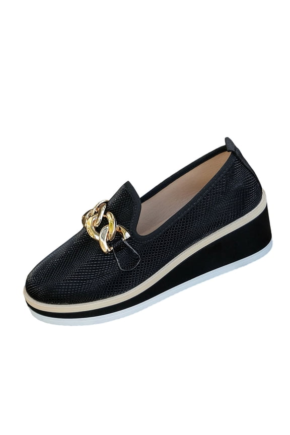 Black Ladies Loafers With Metal Chain Wedge Heel And Thick Sole For Everyday Use And Fashion