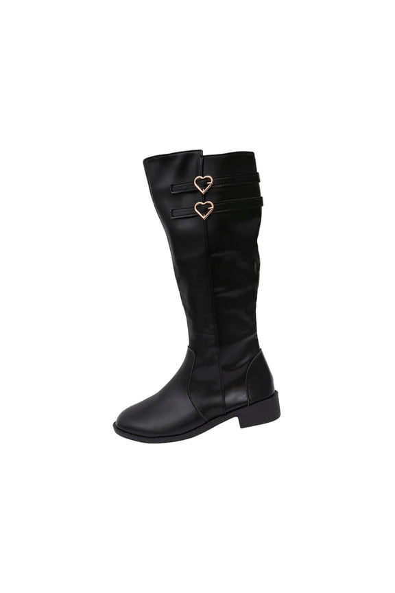 Black Ladies Long Boots With Heart Buckle Accent And Thick Heel For Enhanced Comfort And Elevation Ideal For Autumn Winter