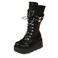 thumbnail image 1 of Black Ladies Long Boots With Leather Buckle And Wedge Heel Edgy Punk Style Ideal For Cool Weather Wear, 1 of 9