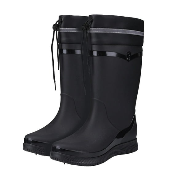 Black Ladies Long Waterproof Boots With Drawstring And Fleece Lining