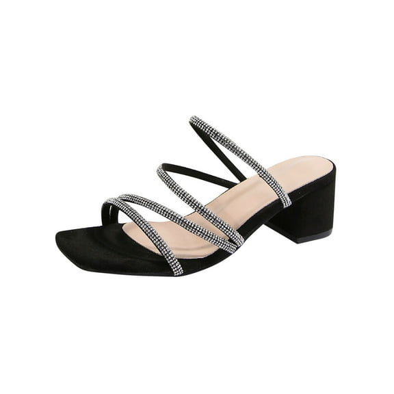 Black Ladies Luminous Warm Weather Footwear Featuring Beaded Strap Square Head Open Toe And Thick Heel Medium Heel Ideal For Fashion Shows And Runways