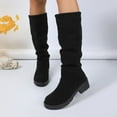 thumbnail image 1 of Black Ladies Mid Calf Boots Chunky Heel Pleated Bootlegs Soft Suede Thick Anti Slip Textured Sole Fall Winter Casual Light Wear Size 36, 1 of 4
