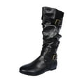 thumbnail image 1 of Black Ladies Mid Calf Boots Wrinkle Detail Belt Buckle Side Zipper Flat Heel For Casual, 1 of 9