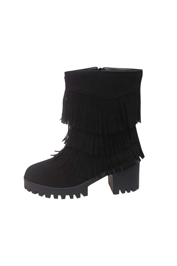 Black Ladies Mid Heel Mid Calf Boots Fringe Detail Solid Color Chunky Heel Thick Sole Fall Winter Footwear For Daily Wear And Outdoor Activities Size 37