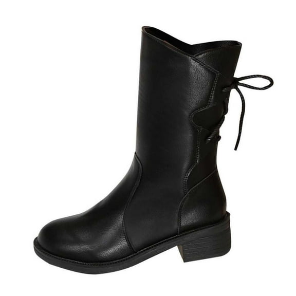 Black Ladies Middle Heel Mid Calf Boots With Round Toe For Leisure Activities With 1 8 Inch Heel