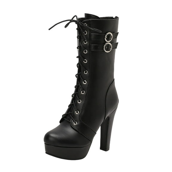 Black Ladies Nude Boots With High Heel And Belt Buckle Lace-Up Design Comfortable And Fashionable For Cool Weather