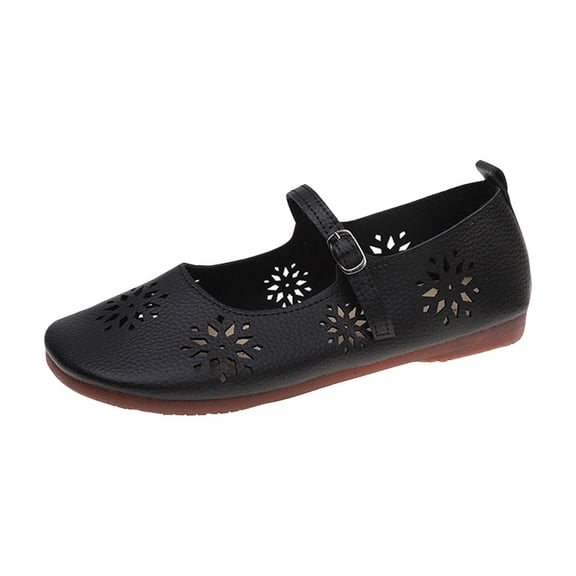 Black Ladies One Character Buckle Flat Bottomed Shoes With Hollow Out Details For Leisure Activities