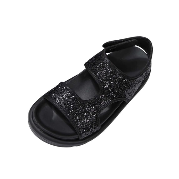 Black Ladies Open Toe Sandals Plus Size Round Toe Sequin Embellishment Hook And Loop Strap Flat Comfortable Shoes