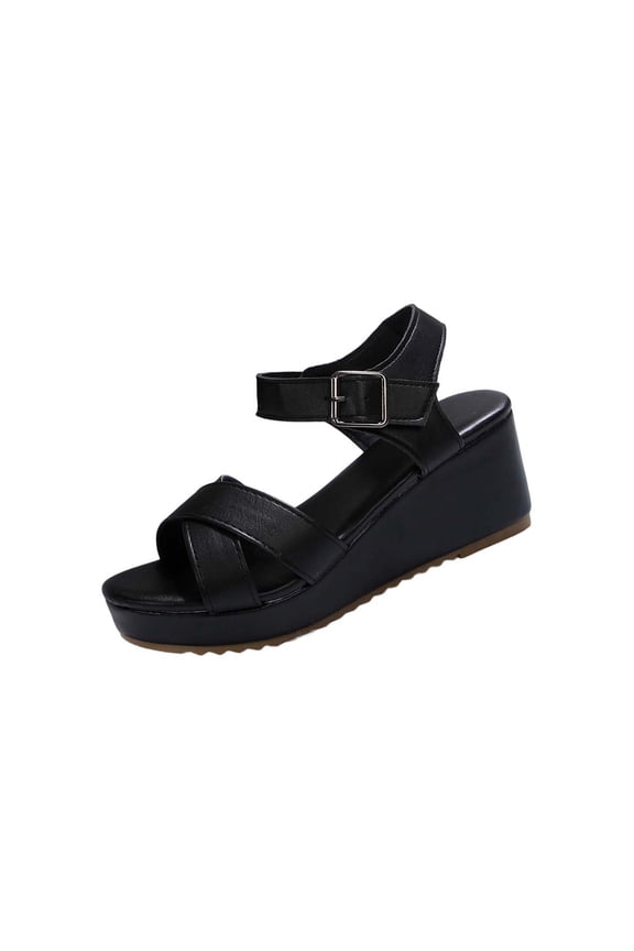 Black Ladies Open Toe Sandals Plus Size Wedge Heel Round Toe Buckle Strap Comfortable Casual Shoes Women