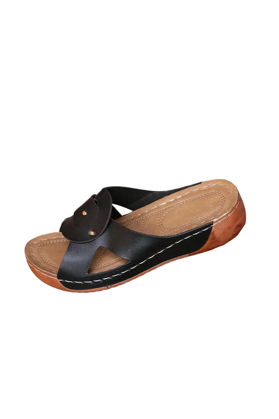 Black Ladies Open Toe Wedge Heel Slippers With One-Strap Design For Comfortable Spring Summer Style