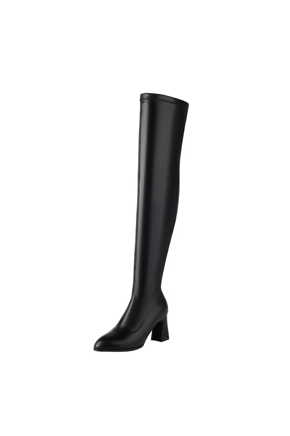 Black Ladies Over Knee Boots Chunky Heel Pu Leather Thick Sole Fall Winter Comfortable Casual Outdoor Trend