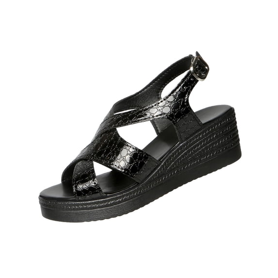 Black Ladies Peep Toe Wedges Featuring Thick Sole And Sturdy Heel For Spring Summer Outings