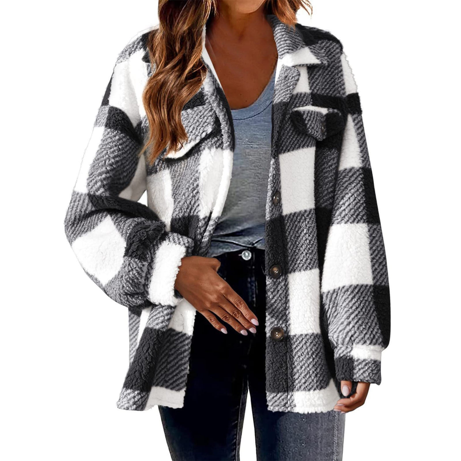 Black Ladies Plaid Warm Fuzzy Cardigan Shacket Coat for Juniors Long ...