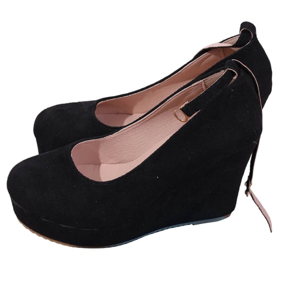 Black Ladies Plus Size Slope Heel Shoes, Round Toe High Heel One Button For Fall Winter Seasons