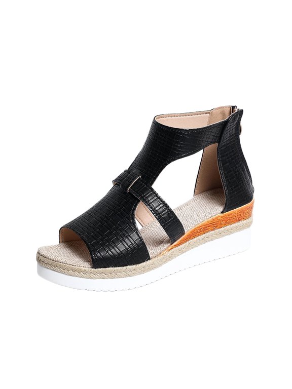 Black Ladies Plus Size Wedge Heel Sandals High Top Back Zip Open Toe Summer Casual Breathable Fashionable