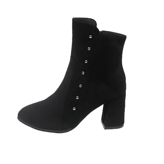 Black Ladies' Pointed Toe Ankle Boots With Chunky Heel Suede Design For Fall And Winter