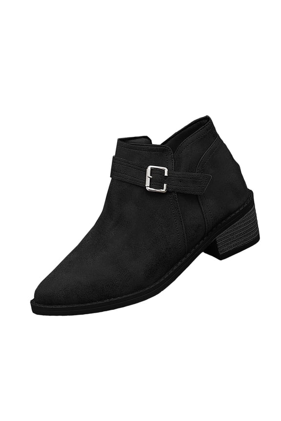 Black Ladies Pointed Toe Chelsea Boots Belt Buckle Chunky Heel British Style Mid Heel Short Boots Casual Shoes
