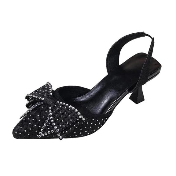 Black Ladies Pointed Toe High Heel Sandals Closed Toe Rhinestone Bow Accent