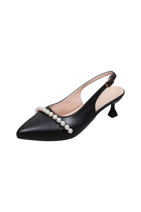 Black Ladies Pointed Toe High Heels With Pearl And Thin Strap For Casual Wear And Beach Outings Comfortable Design From Pu Material