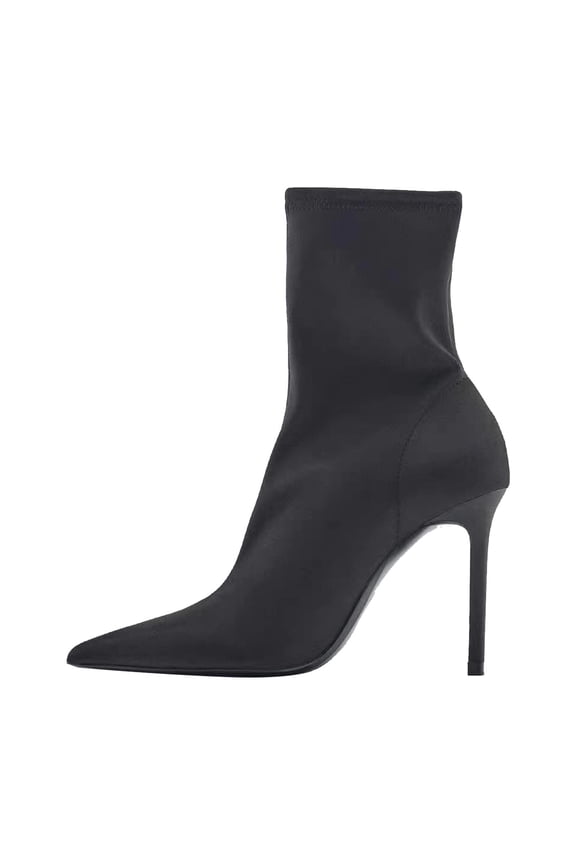Black Ladies Pointed Toe Stiletto Heel Mid Calf Sock Boots Stretch Fabric Sleek All Match Casual Fashion Comfortable Fall Winter Daily Wear Size 38