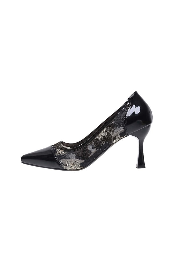 Black Ladies Pointed Toe Stiletto Heels Plus Size Breathable Mesh Floral Embroidered Pumps Dress Shoes For Party Evening