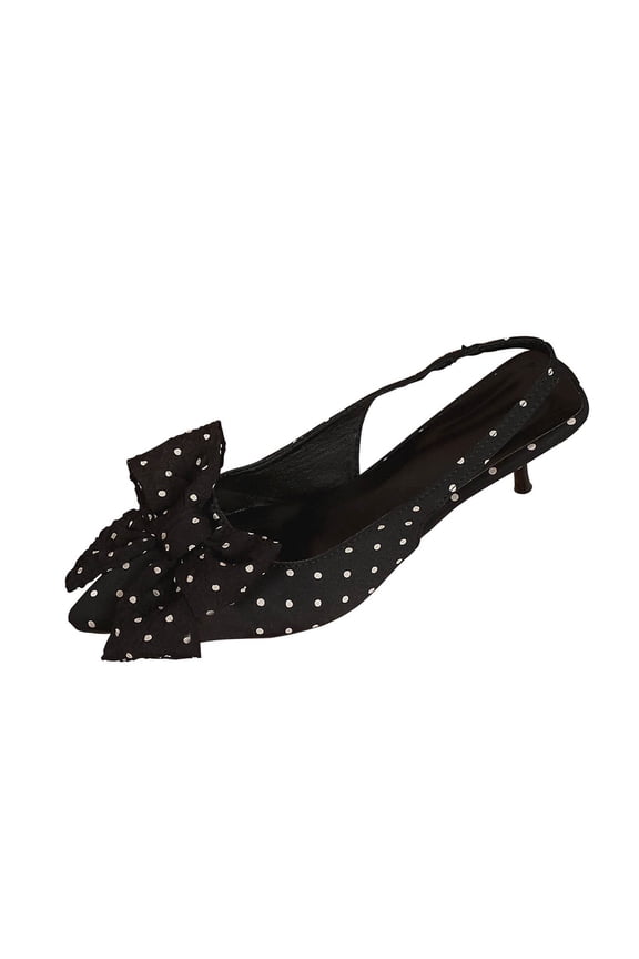 Black Ladies Polka Dot Low Heel Sandals, Pointed Toe Closed Toe, Thin Heel Bow Detail Casual