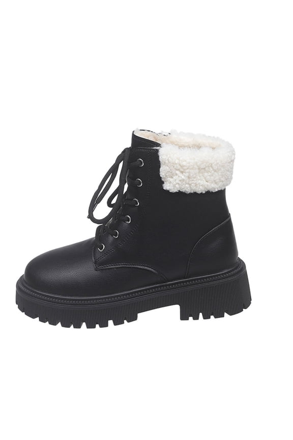 Black Ladies Pu Ankle Boots Lace Up Side Zip Chunky Heel Winter Casual Round Toe Short Booties