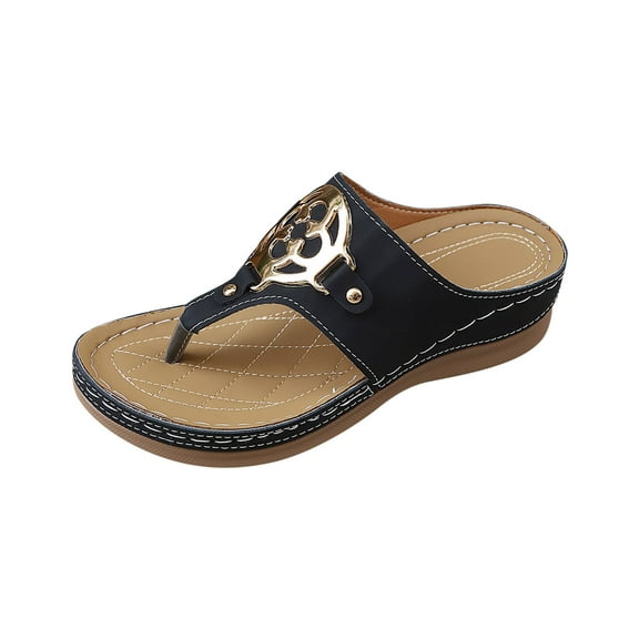 Black Ladies Relaxed Summer Beach Leisure Round Toe Flip Flops With Wedge Heels