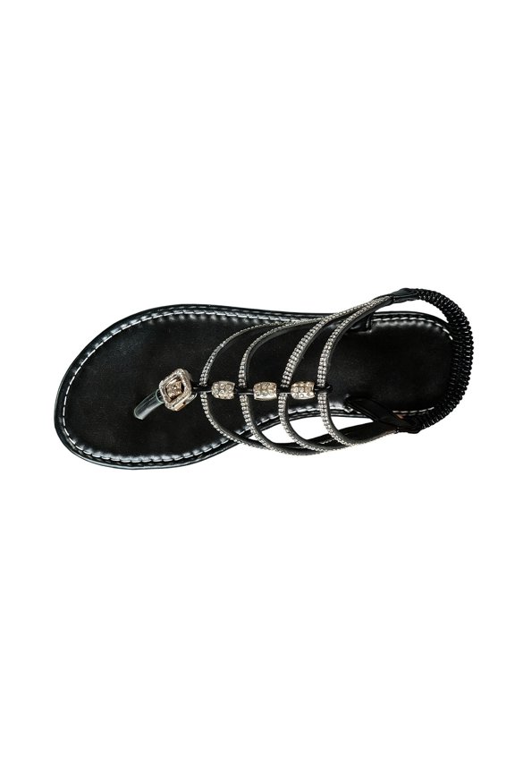 Black Ladies Rhinestone Flat Sandals Bohemian Slides Round Toe Open Toe Roman Style Casual Beach Footwear