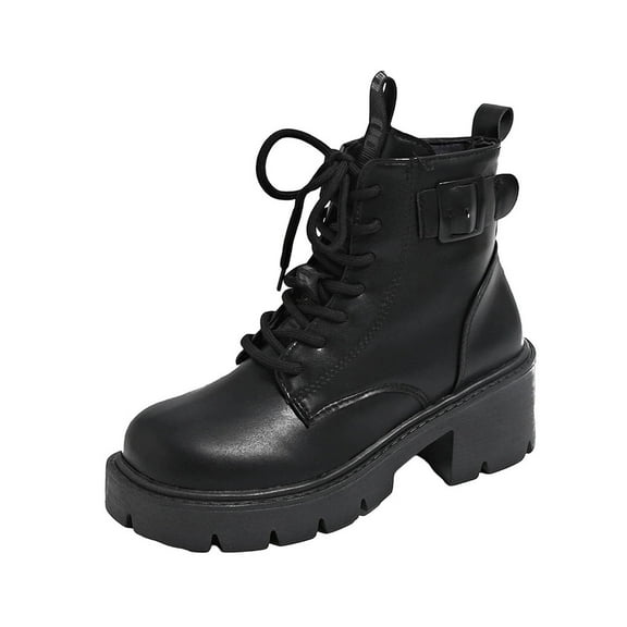 Black Ladies Round Toe Ankle Boots Front Lace Up Side Zipper Chunky Heel Mid Heel Solid Color Casual Winter Footwear