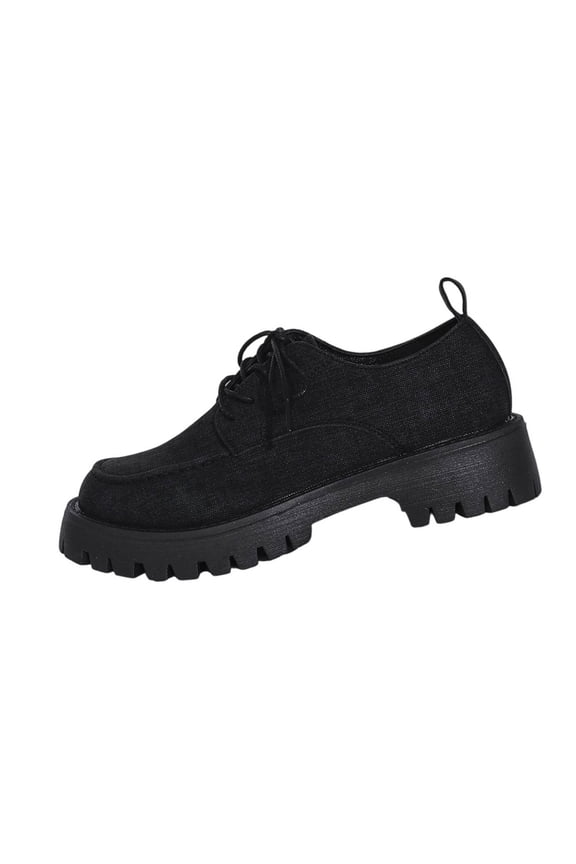 Black Ladies Round Toe Lace Up Loafers With Low Heel For Everyday Wear