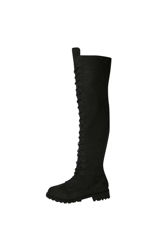 Black Ladies Round Toe Lace Up Long Boots Side Zipper Low Heel Comfortable Fall Winter Fashion Boot