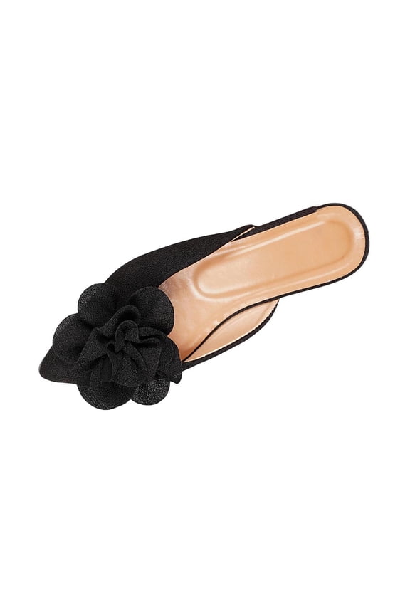 Black Ladies Round Toe Mules Slip On Flat Slippers Floral Bow Casual Spring Summer