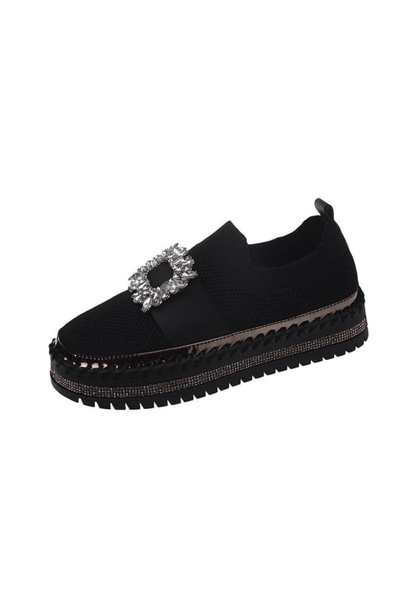 Black Ladies Round Toe Rhinestone Shoes Breathable Thick Bottom Fly Mesh Solid Casual Comfortable Style
