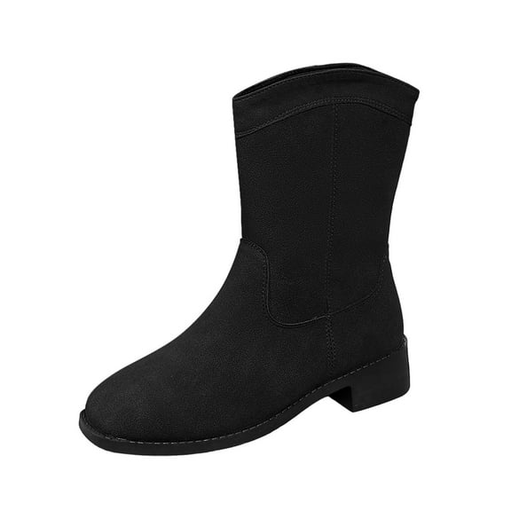 Black Ladies Round Toe Slip On Boots With Chunky Low Heel For Everyday Comfort