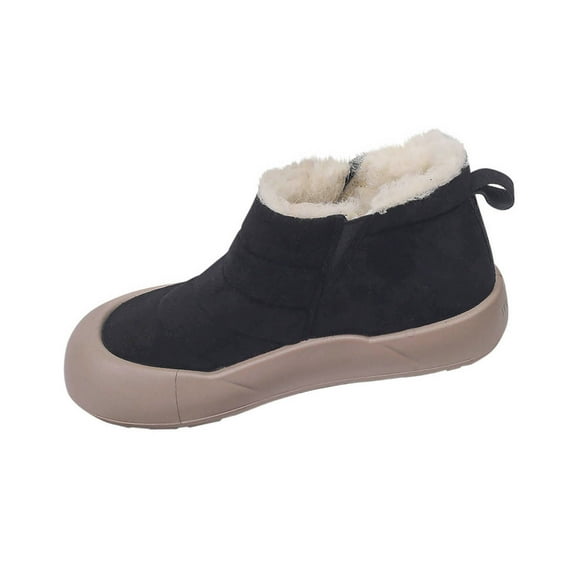 Black Ladies Round Toe Slip On Snow Boots With Flat Sole For Casual Winter Wear