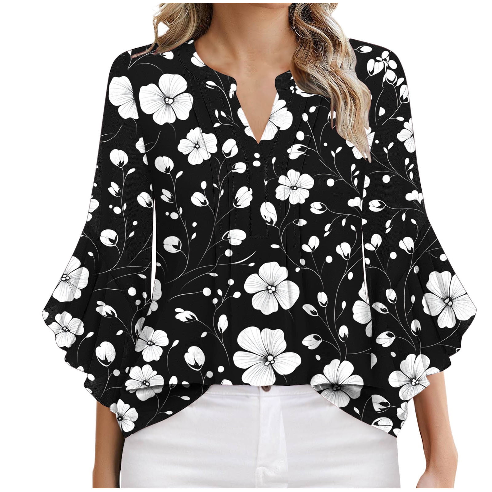 Black Women's Long Sleeve  Black Casual V-Neck Floral Printing T-Shirt Tops