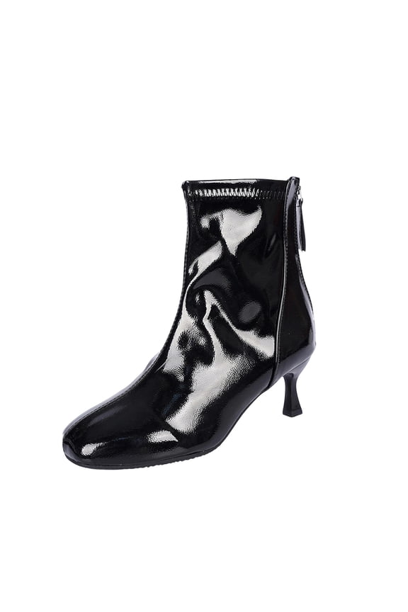 Black Women'S Ankle Boots High Heel Chunky Heel Booties Patent Leather Pointed Toe Fashion Casual Fall Winter Shoes Size 36