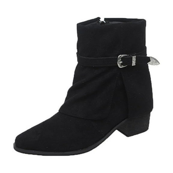 Black Ladies Short Boots Featuring A Buckle Accent And Side Zipper With A Low Chunky Heel