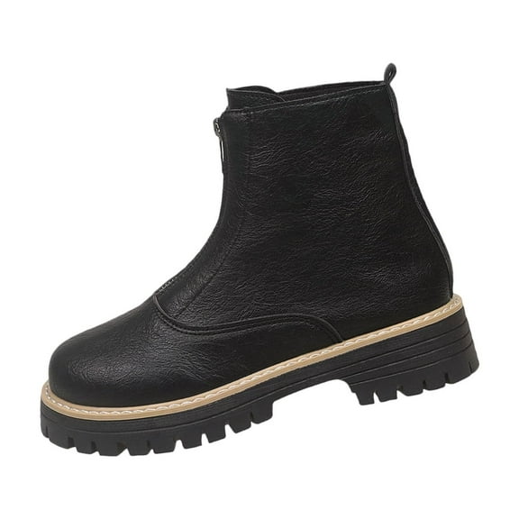 Black Ladies Short Boots With Front Zipper And Thick Sole For Comfort And Elevation Ideal For Autumn Winter