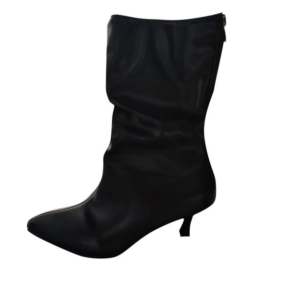 Black Ladies Short Boots With Pointed Toe Accent And High Heel Pleated Construction Crafted For Enhanced Comfort And Elevation Ideal For Cold Season